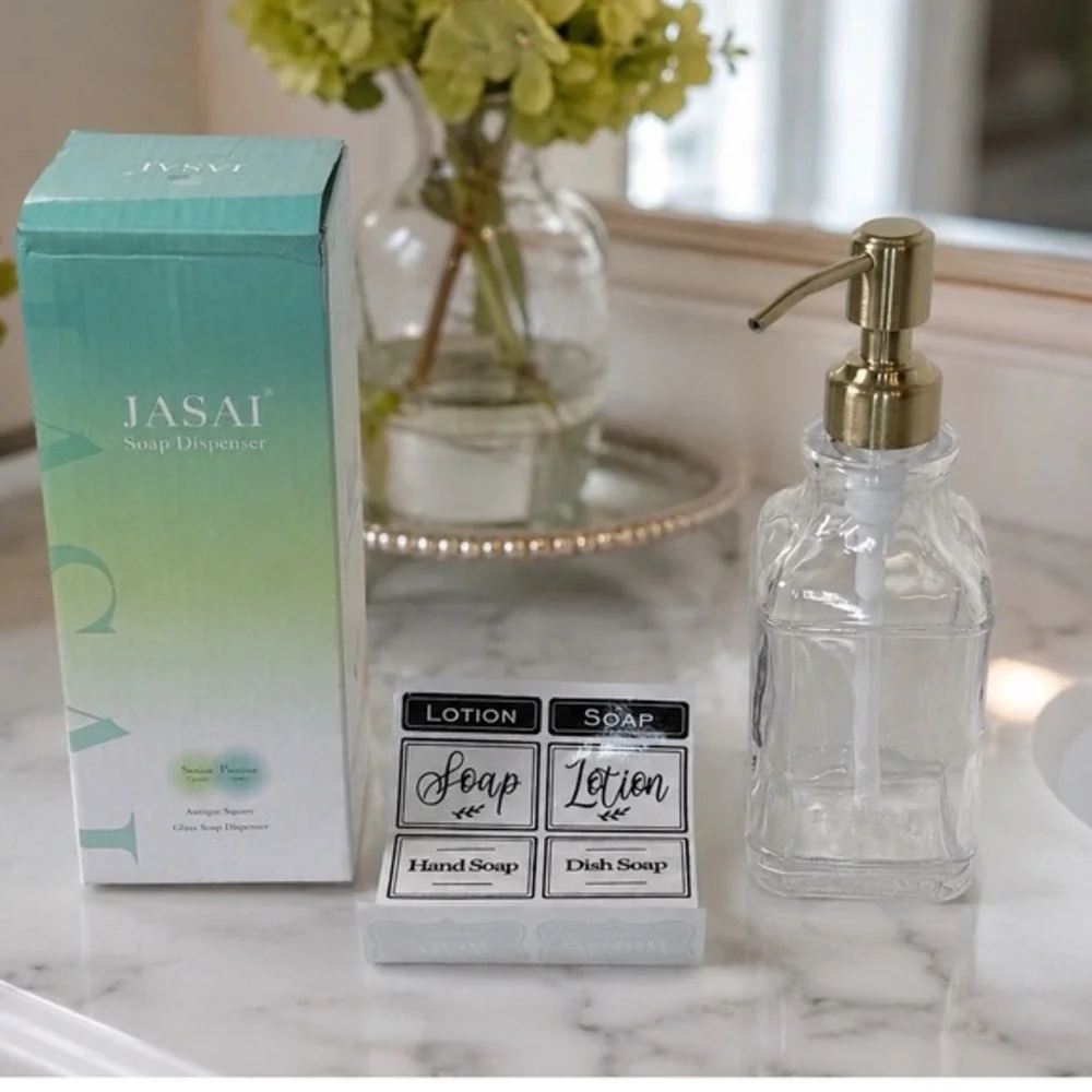 JASAI Antique Square Glass Soap Dispenser 12oz Clear Gold Pump Labels NEW 81-12